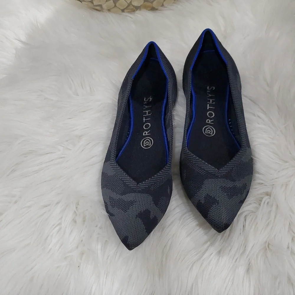 Rothy's The Point  Gray Camo  Flats with Sleek Pointed Toe and Blue Trim - Picture 7 of 16